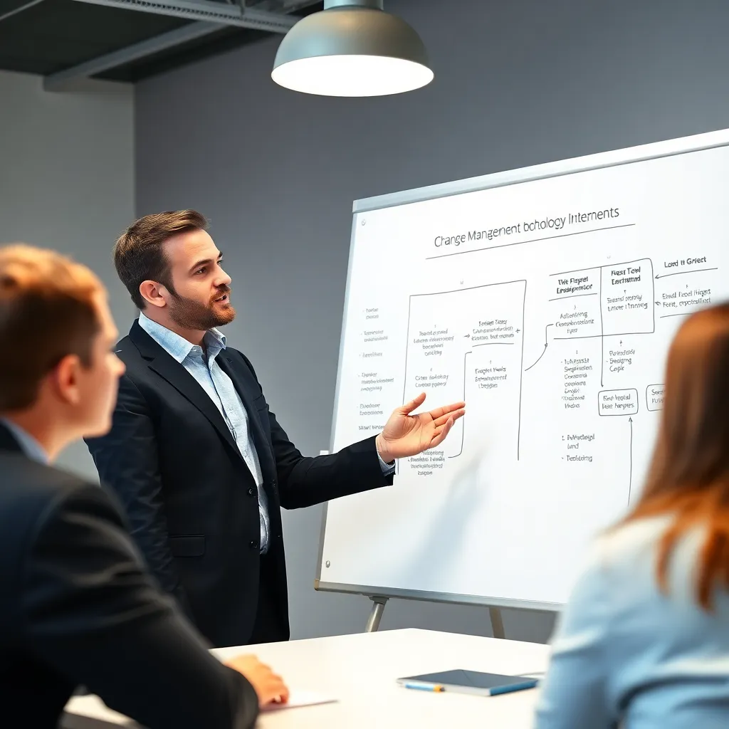 Eine Führungskraft erklärt einem Team die Change-Management-Methodik anhand eines Whiteboards