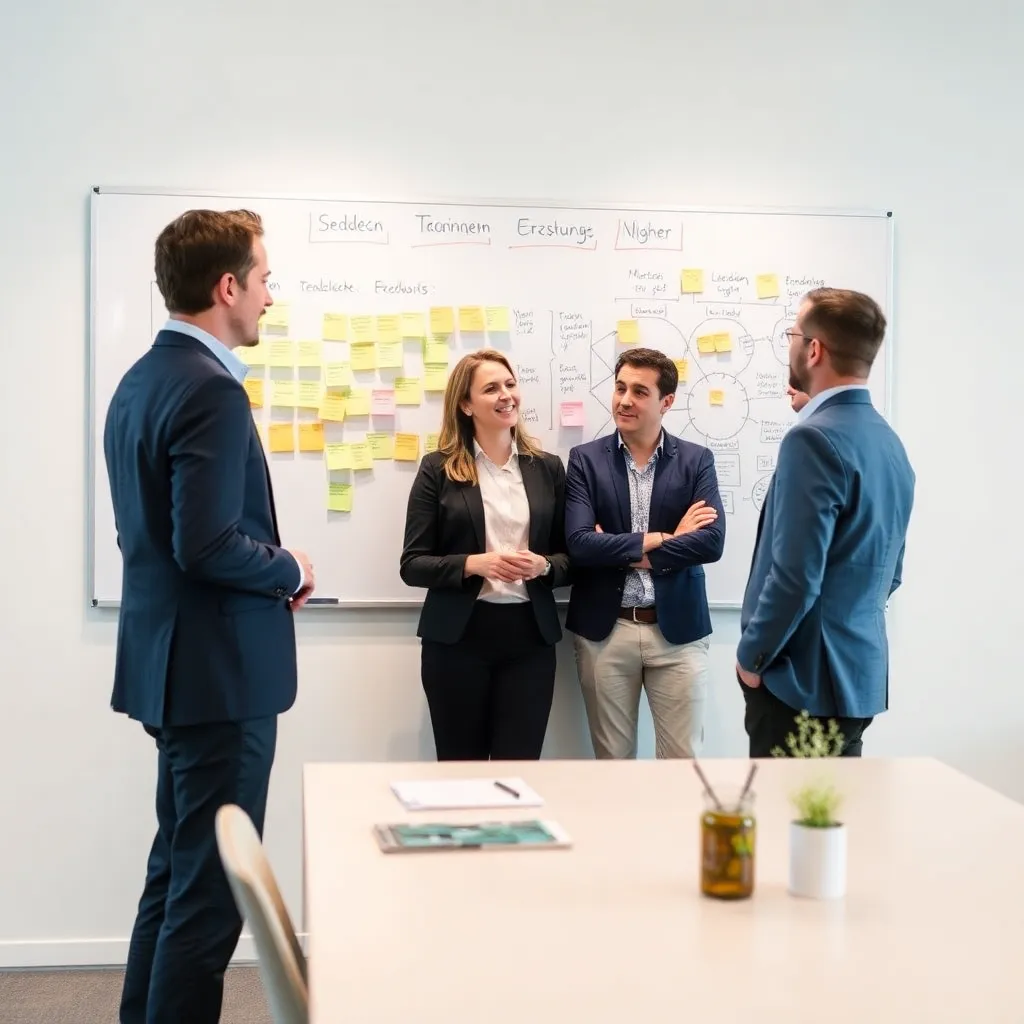 Führungskraft entwickelt mit Team eine Strategie an einem Whiteboard